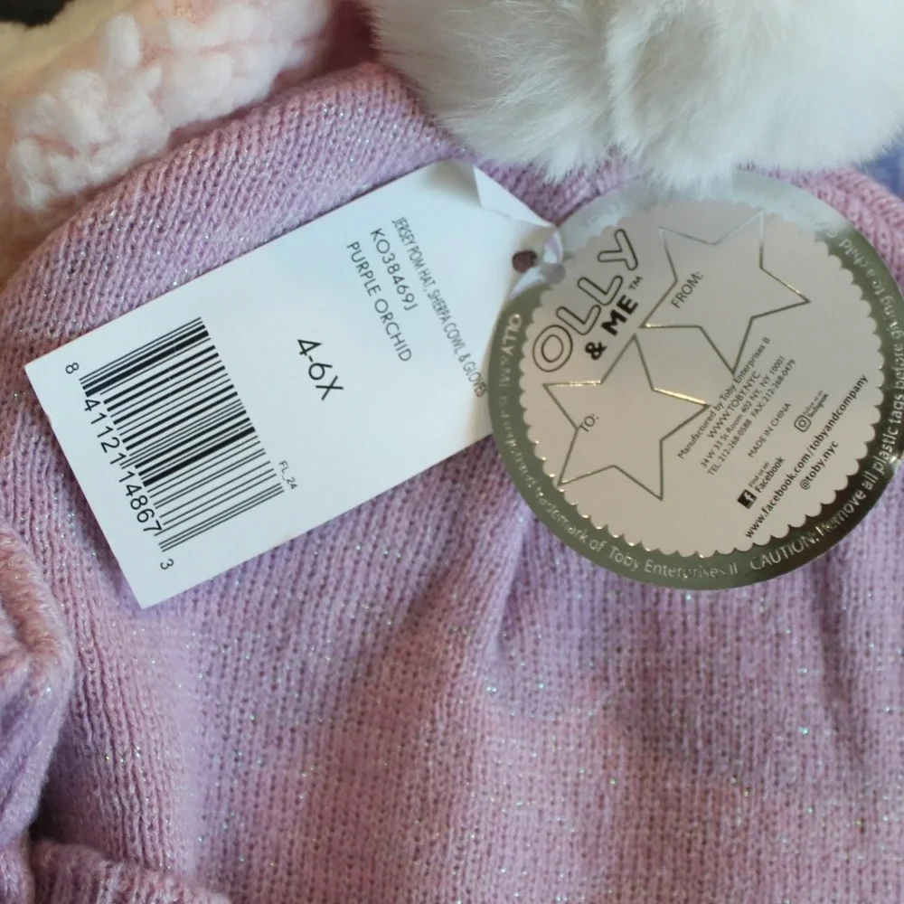 Olly & Me Hat Scarf‎ & Gloves Set Purple Orchid Jersey Pom 4-6X NWT